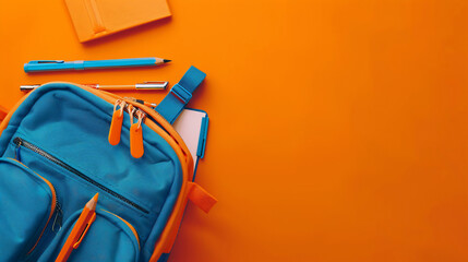 School backpack with stationery on orange background w