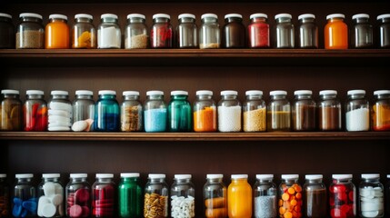 b'Colorful Apothecary Jars On Wooden Shelves' - obrazy, fototapety, plakaty