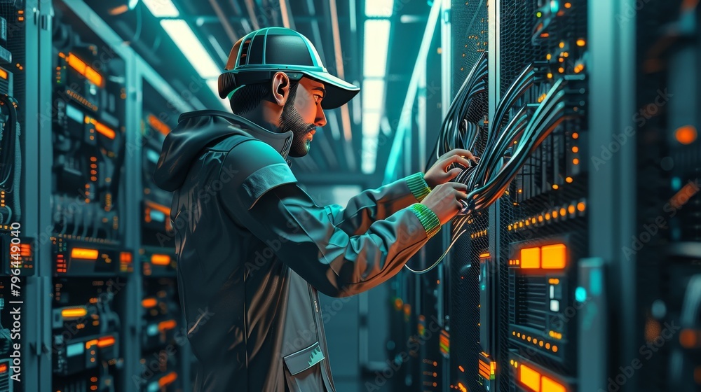 Poster Internet Infrastructure: A 3D vector illustration of a network technician installing network cables in a data center