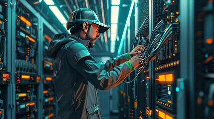 Fototapeta na wymiar Internet Infrastructure: A 3D vector illustration of a network technician installing network cables in a data center
