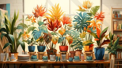 b'An illustration of a variety of tropical plants in pots on a table in front of a window'