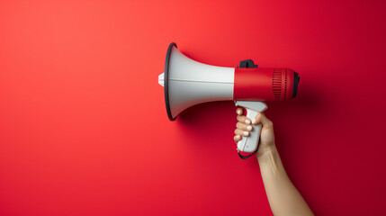 Female hand holding megaphone loudspeaker on a red wall background. Important social choice. High...