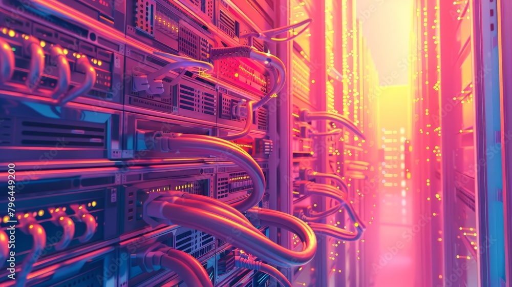 Poster internet infrastructure: a 3d vector illustration of network cables connecting servers in a data cen