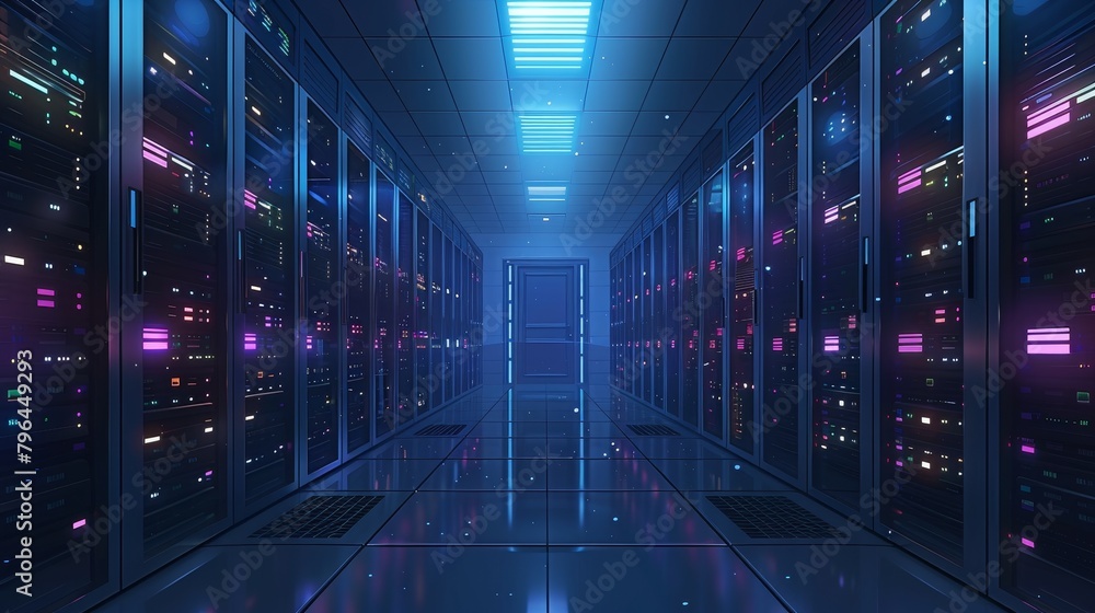 Poster internet infrastructure: a 3d vector illustration of a server room with blinking lights and humming 
