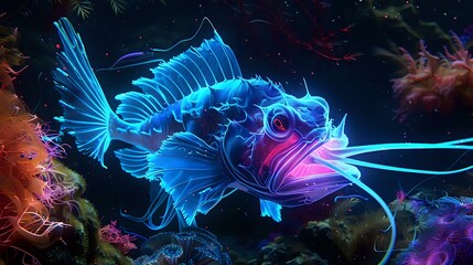 Neon-Lit Anglerfish: Mysterious Underwater Nature Beyond Realms - Illuminated Paths