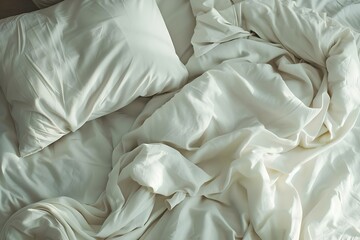 Disordered white bedding sheets and pillow on bed background. Concept Messy Bedroom, Disorganized Bedding, Unmade Sheets, Cluttered Pillows, Chaotic Bedroom