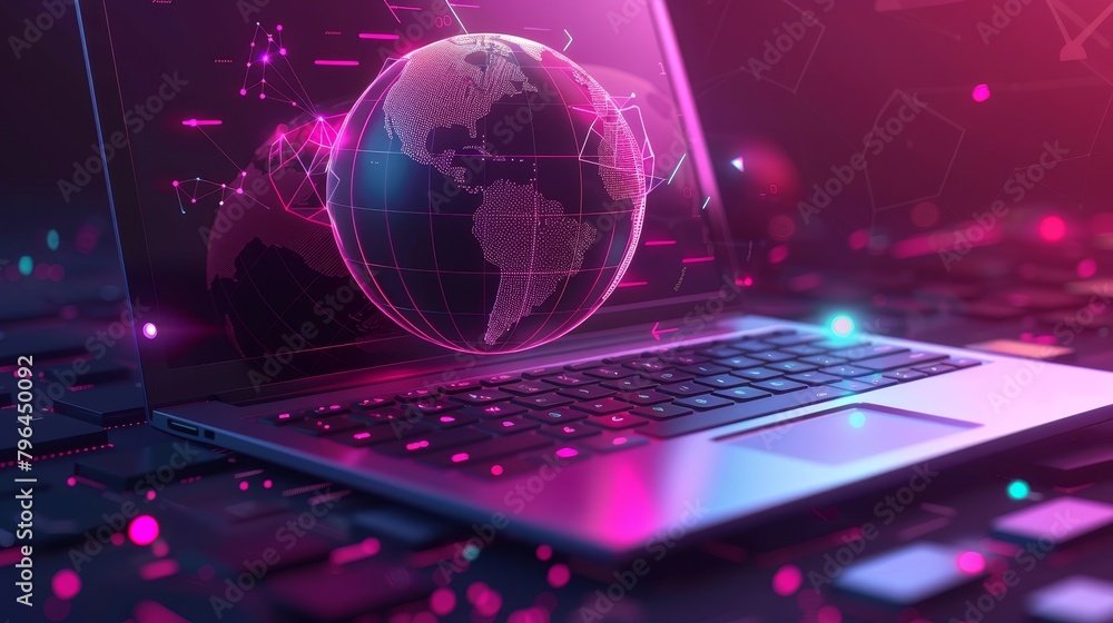 Poster smartphones and devices: a 3d vector illustration of a laptop with a digital globe hovering above th