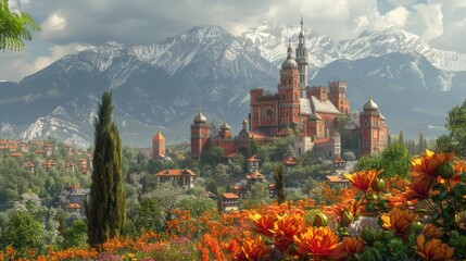 Majestic Castle Amidst Mountain Majesty. Generative AI