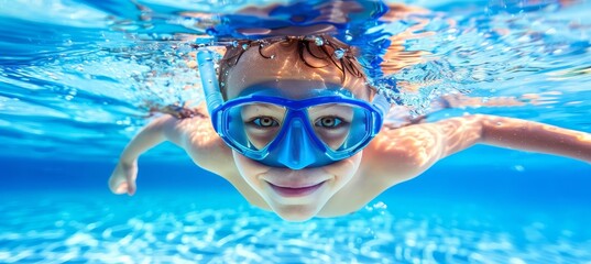 Cheerful caucasian boy joyfully diving underwater for a delightful swimming experience - obrazy, fototapety, plakaty