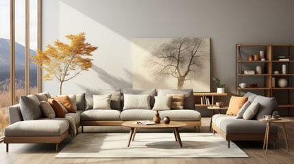 b'Airy and bright living room with large windows and a gray wall'