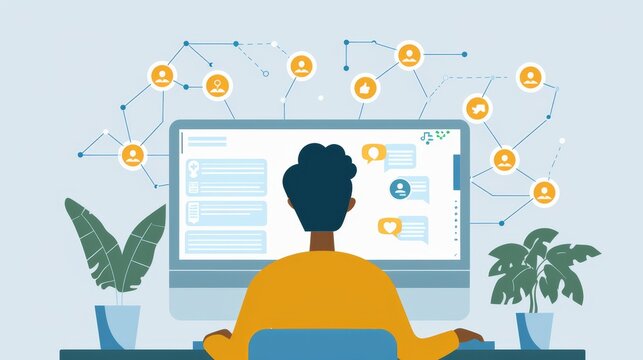 Social Media: A vector illustration of a person interacting with a social media platform on a computer