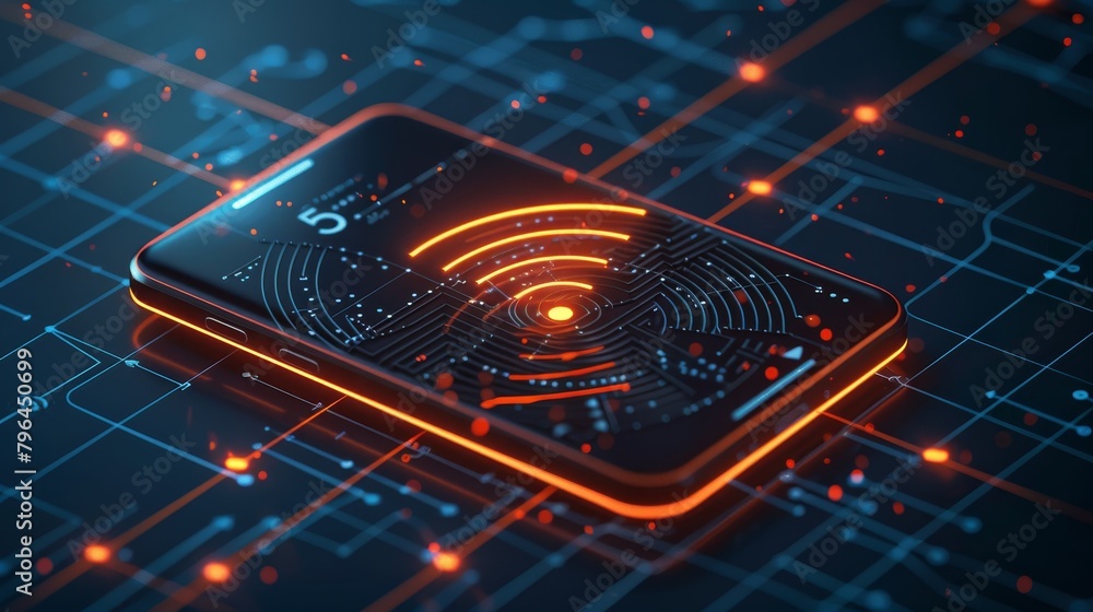 Poster wireless technology: a 3d vector illustration of a smartphone connecting to a wi-fi network