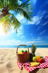 summer time holiday background, tropical beach island happy day bright sunshine, tropical fruits. Creative minimal summer idea	