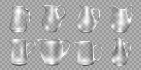 Glass jugs, pitchers 3d realistic vector collection