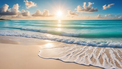 Sunset over the ocean, with waves gently lapping at the shore and a golden sky dotted with clouds. Wide-angle shot of a tranquil beach with white foam on the shore, vivid turquoise waters.
 - obrazy, fototapety, plakaty