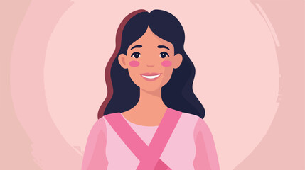 Happy Smiling Woman with Pink Ribbon. Vector Breast