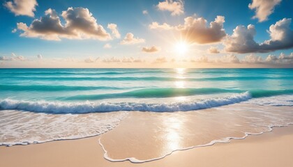 Sunset over the ocean, with waves gently lapping at the shore and a golden sky dotted with clouds. Wide-angle shot of a tranquil beach with white foam on the shore, vivid turquoise waters.
