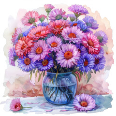 A delightful watercolor composition of multicolored asters in a translucent blue vase, exuding charm.