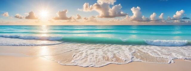 Sunset over the ocean, with waves gently lapping at the shore and a golden sky dotted with clouds. Wide-angle shot of a tranquil beach with white foam on the shore, vivid turquoise waters.
 - obrazy, fototapety, plakaty