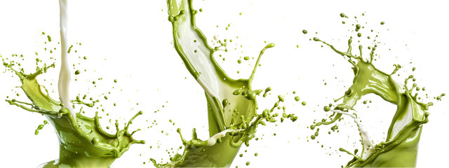 Set of matcha green tea with milk splashing mixed together. isolate on transparent background