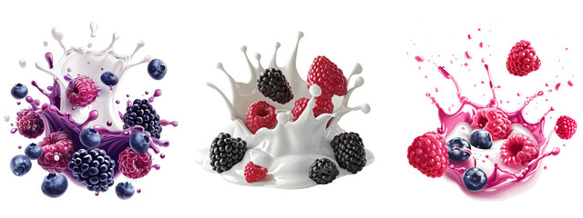 A splash of milk with mixed berry fruit, isolate on transparent background