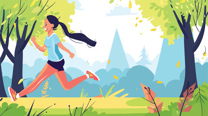 Happy woman running in the park. illustration in flat