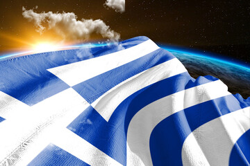 Greece national flag cloth fabric waving on beautiful night global cloud Background.