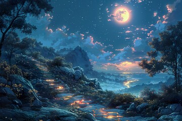 Fantasy magical enchanted fairy tale forest landscape. mystical forest with a bridge and a full moon.