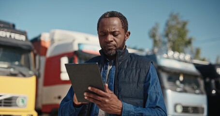 Professional truck driver. African American trucker checking his route on tablet computer with...