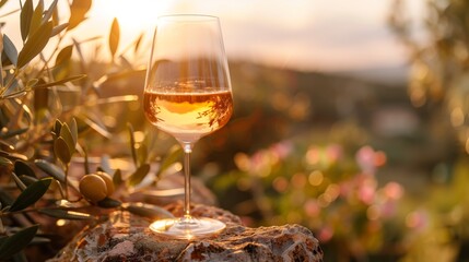 A glass of rose wine with an olive branch and a rural sunset blurry background landscape with olive trees, AI generated