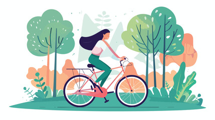 Happy woman with a bike in the park. Vector illustration