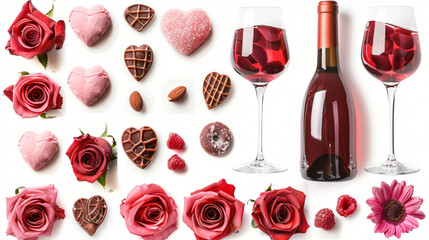 Set of beautiful rose flowers candies and wine 