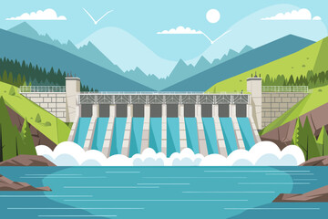 Hydroelectric dam, hydroelectric power plant, sustainable green energy, renewable clean energy sources - vector illustration