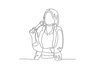 Business woman holding a microphone. Business woman concept one-line drawing