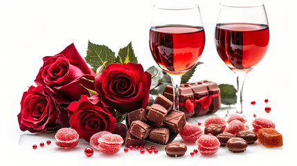 Set of beautiful rose flowers candies and wine 