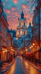 b'Buildings in a European city with a beautiful sky'