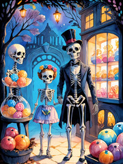 Cute Halloween Skeleton Family Painting Generative AI Illustration 