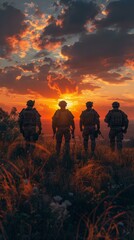 Four soldiers standing in front of a sunset