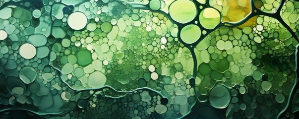 Abstract painting with green and blue circles of different sizes and shades.