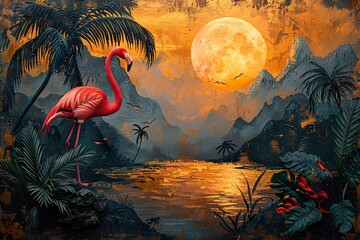 Gold black Jungle wallpaper with birds, trees and tropical plant. jungle scene with Flamingo - obrazy, fototapety, plakaty