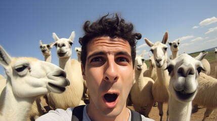 Fototapeta premium b'Man surrounded by curious llamas'