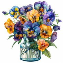 Artistic watercolor painting of colorful pansies arranged in a clear glass jar, set against a white background.
