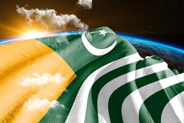 Kashmir national flag cloth fabric waving on beautiful night global cloud Background.
