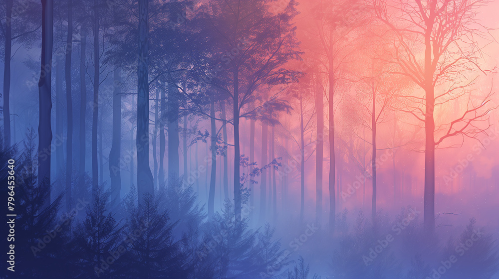 Poster a forest with trees in the background and a pink and blue sky. the sky is filled with clouds and the