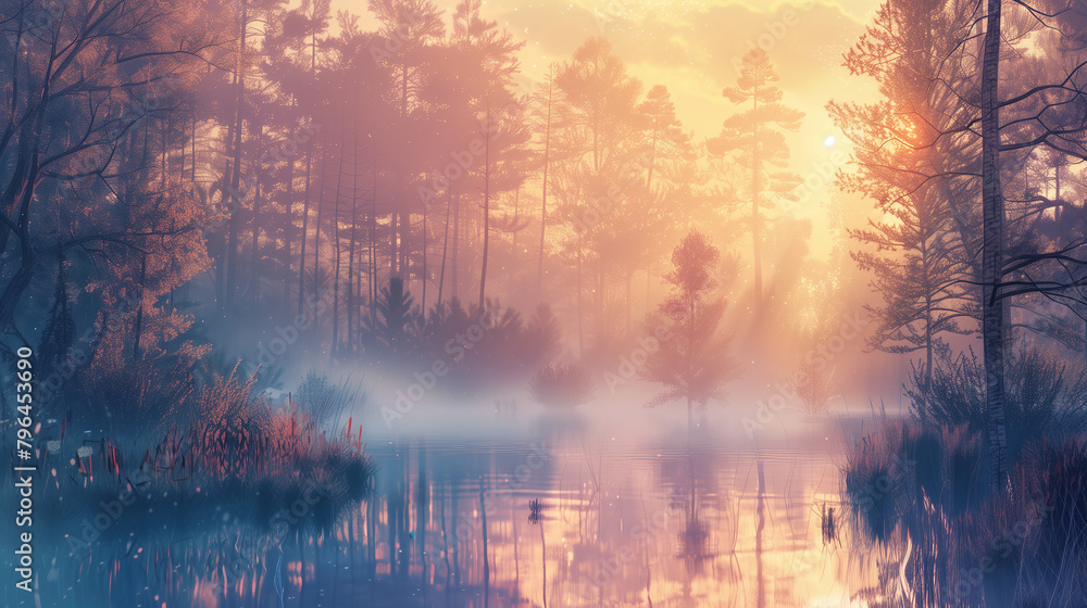 Poster a forest with trees in the background and a pink and blue sky. the sky is filled with clouds and the