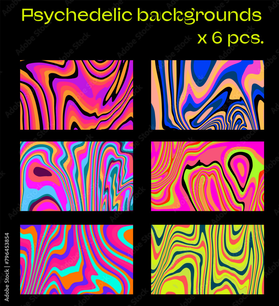 Poster Big set of psychedelic neon backgrounds with wavy op-art pattern.