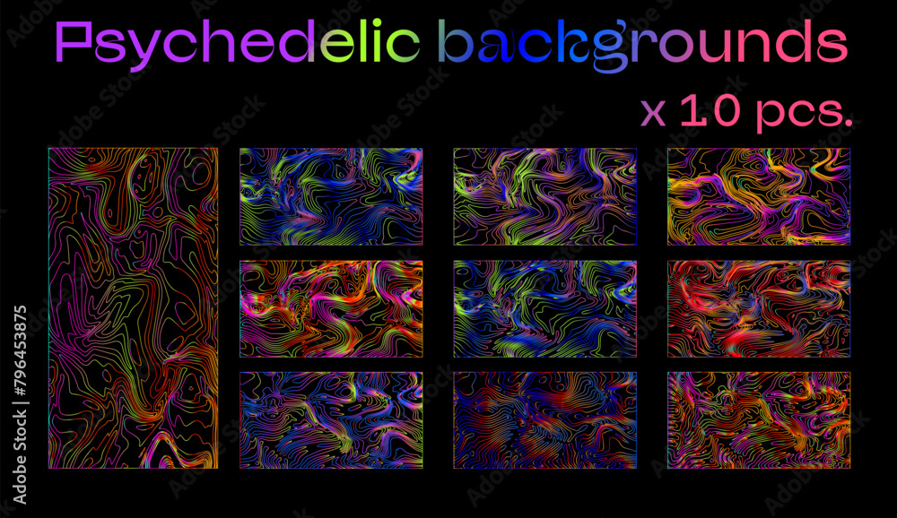 Poster big set of holographic retrofuturistic backgrounds with psychedelic neon wavy op-art pattern.