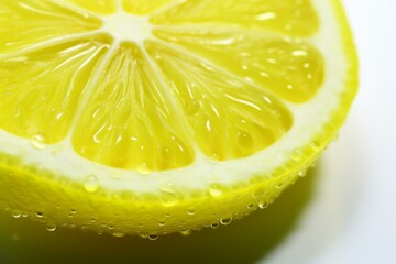 b'Close-up photo of a lemon wedge with water droplets on the edge' - obrazy, fototapety, plakaty