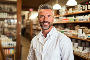 b'Portrait of a male pharmacist in a white coat standing in a pharmacy'