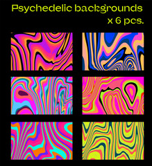 Big set of psychedelic neon backgrounds with wavy op-art pattern.